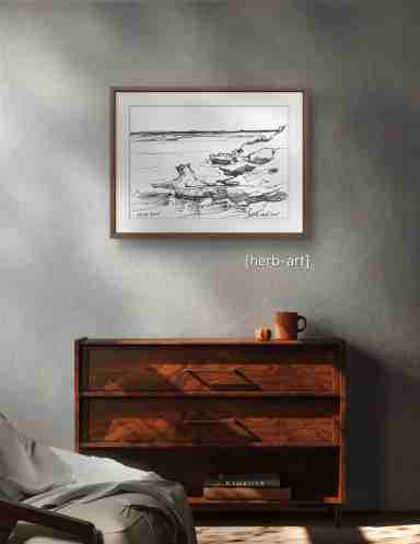 Küste von Arniston, gerahmte Tuschezeichnung von Herbert Wiedergut