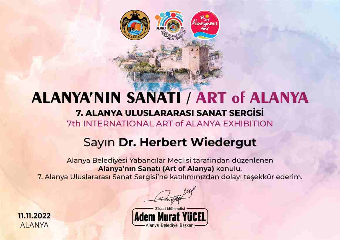 Teilnahmebestätigung für Dr. Herbert Wiedergut an der 7th INTERNATIONAL ART of ALANYA EXHIBITION